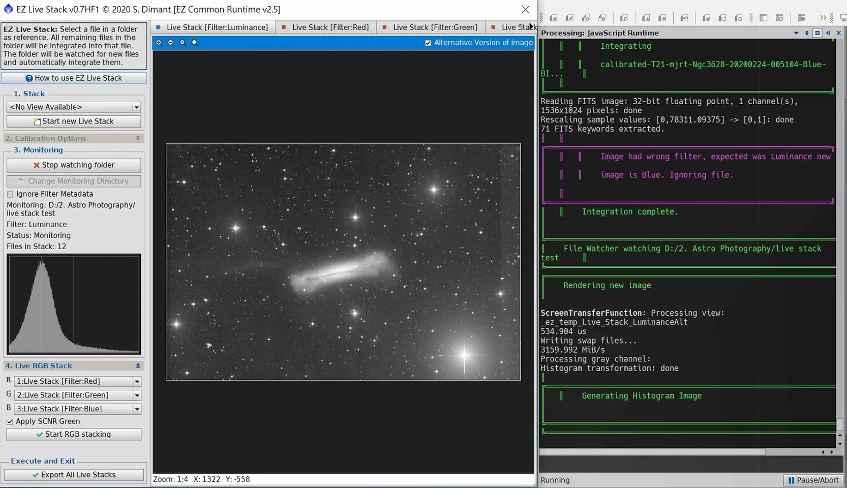 以 EZ Live Stack 自動疊加拉伸後,NGC 3628 漢堡星系的潮汐尾浮現