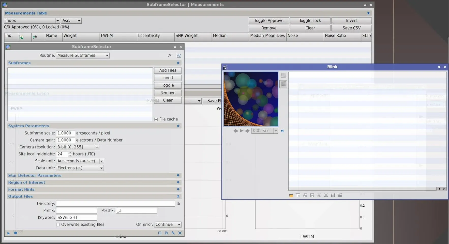PixInsight 中同時開啟 Blink 與 SubframeSelector,示範以 Blink 用肉眼逐張檢視影像品質