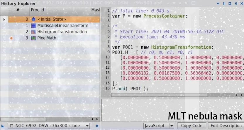 PixInsight 歷史記錄:MLT 星雲遮罩做法的處理步驟(MultiscaleLinearTransform → HistogramTransformation → PixelMath)