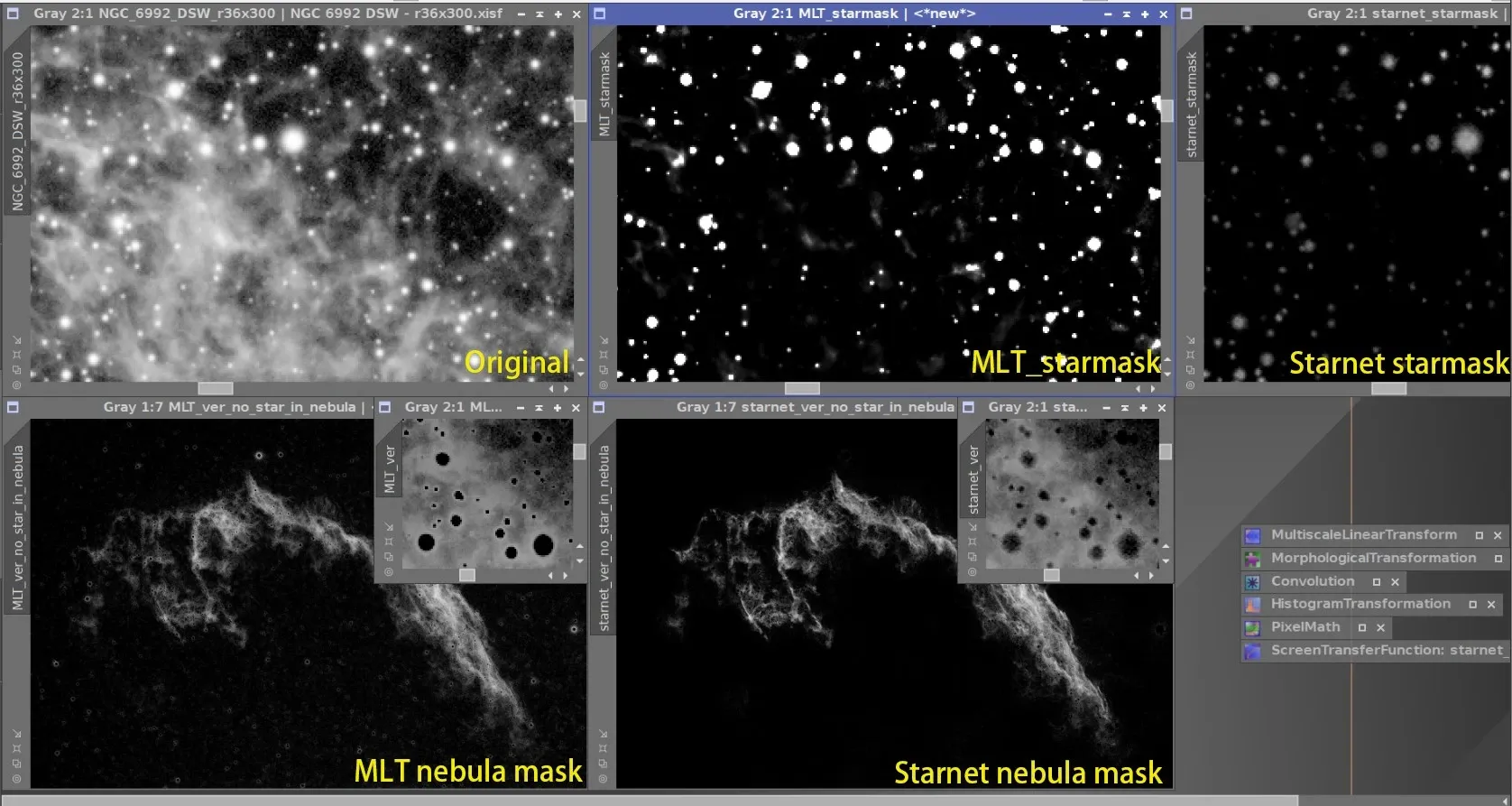 NGC 6992 的六格對照:上排左起為原圖、MLT 星點遮罩、StarNet 星點遮罩,下排為 MLT 與 StarNet 各自做出的雲氣遮罩