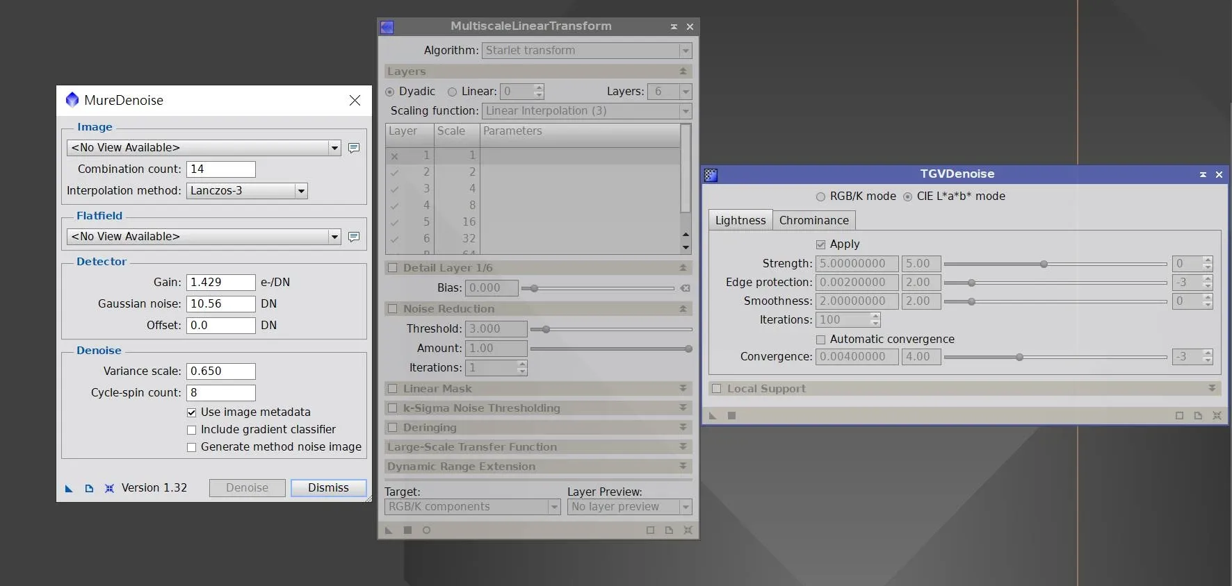 MureDenoise、MultiscaleLinearTransform（MLT）與 TGVDenoise 三個降噪工具在 PixInsight 中的操作介面同時開啟