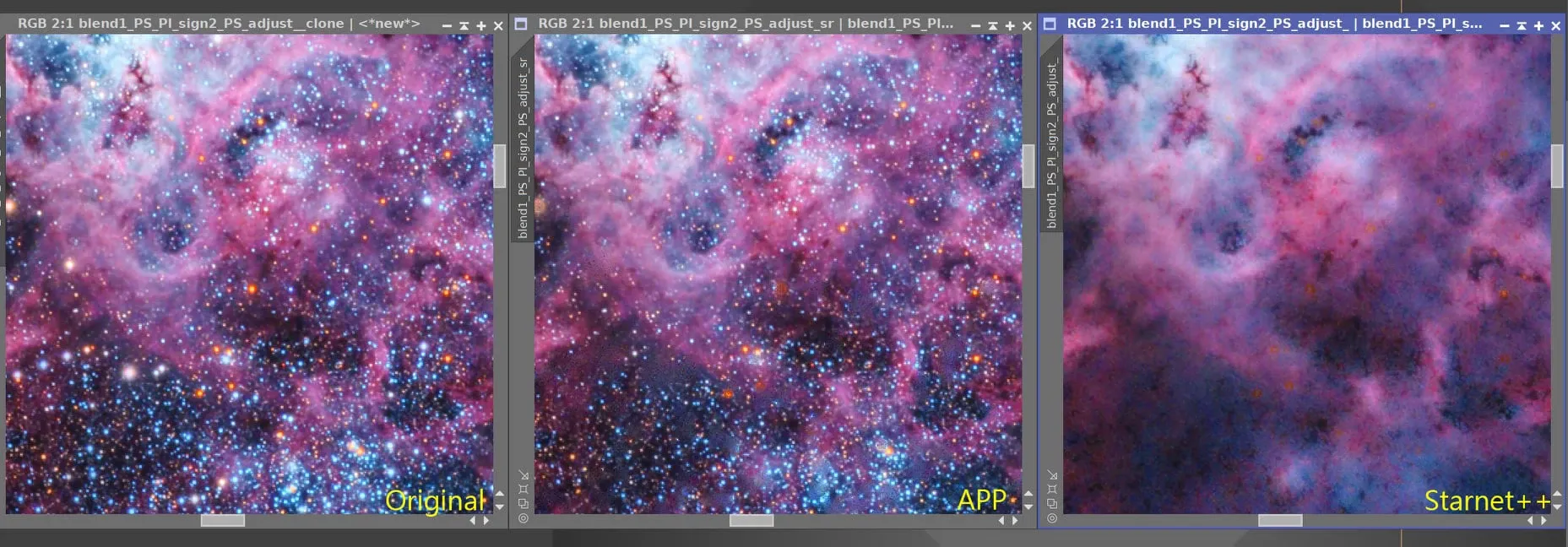 實際以蜘蛛星雲測試：由左至右為 Original、APP、StarNet++，APP 幾乎看不出去星、還弄壞部分星點，StarNet++ 則乾淨許多