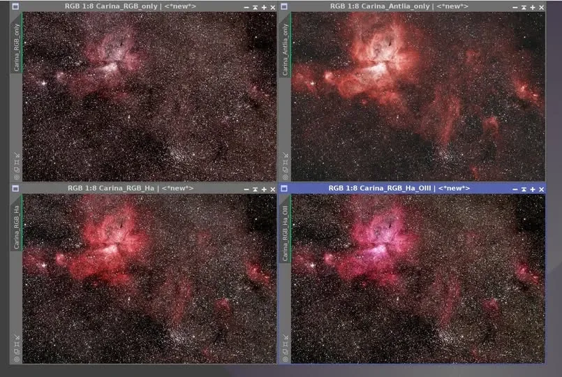 RGB、Ha+OIII、RGB+Ha、RGB+Ha+OIII 的四格強化流程對照