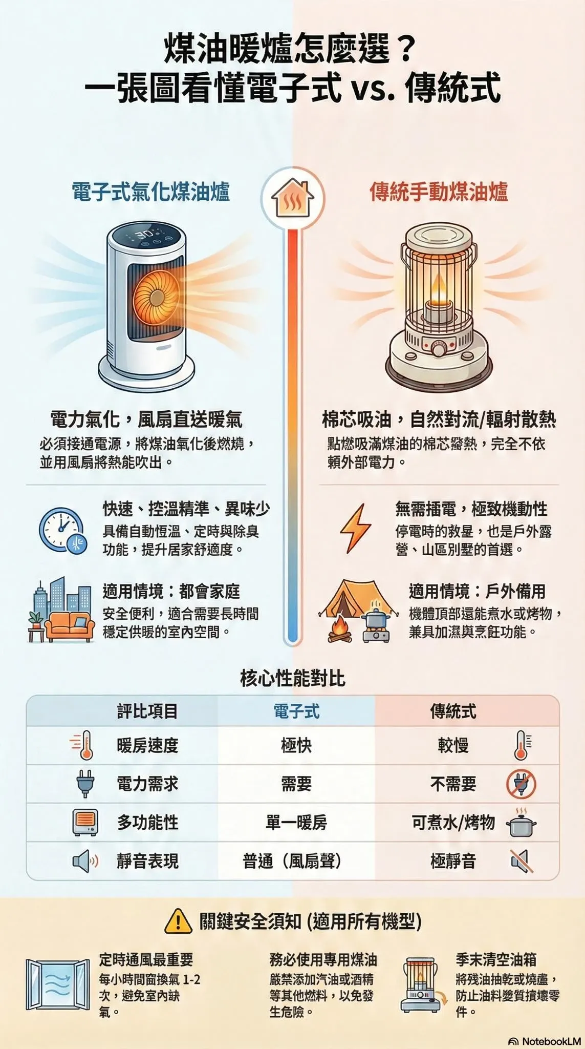NotebookLM 製作的資訊圖，比較電子式氣化煤油爐與傳統手動煤油爐的散熱方式、適用情境與安全須知