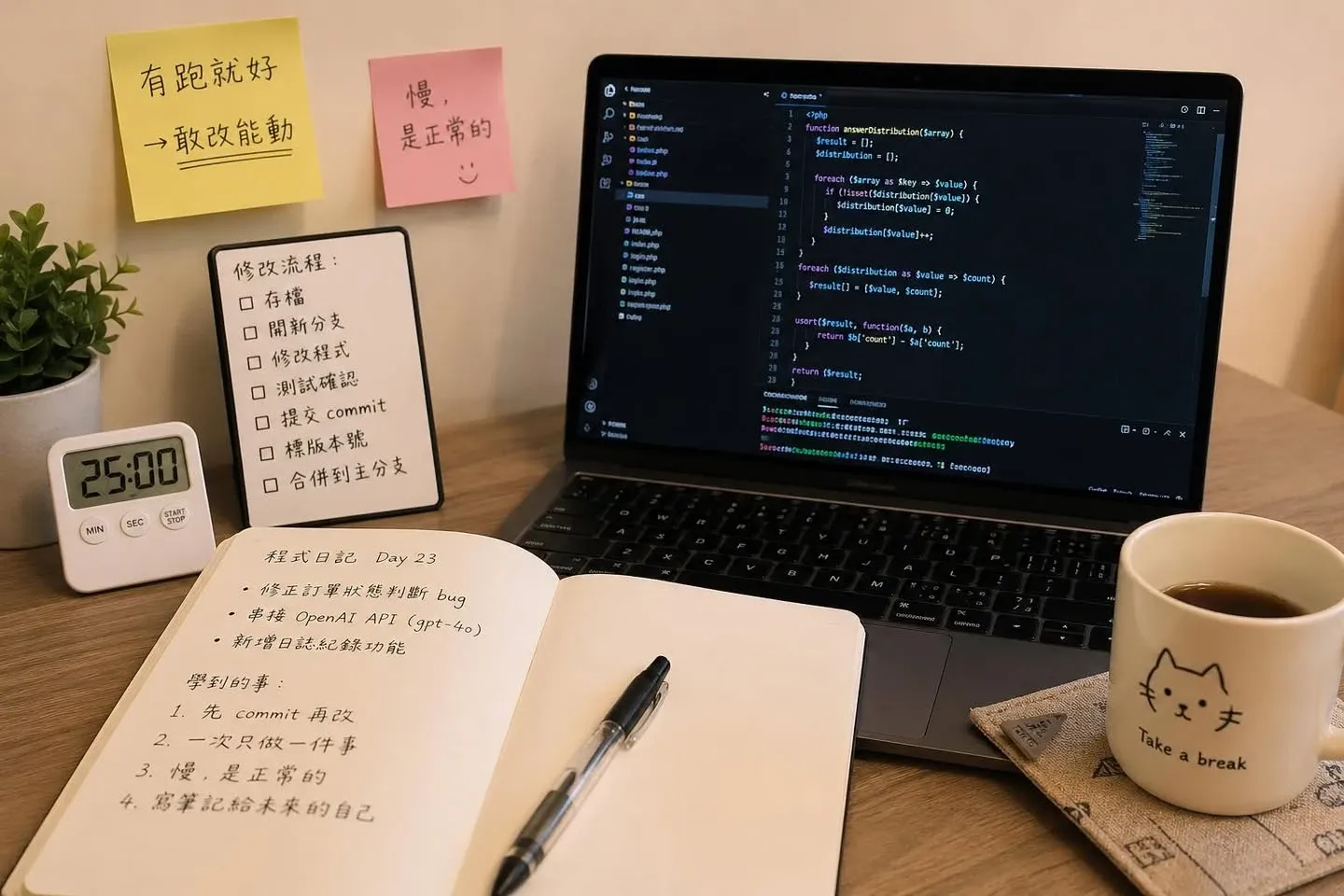 書桌上的筆電顯示程式碼,旁邊貼著便利貼、寫著修改流程的小白板、番茄鐘與手寫的程式日記,還有一個貓咪馬克杯