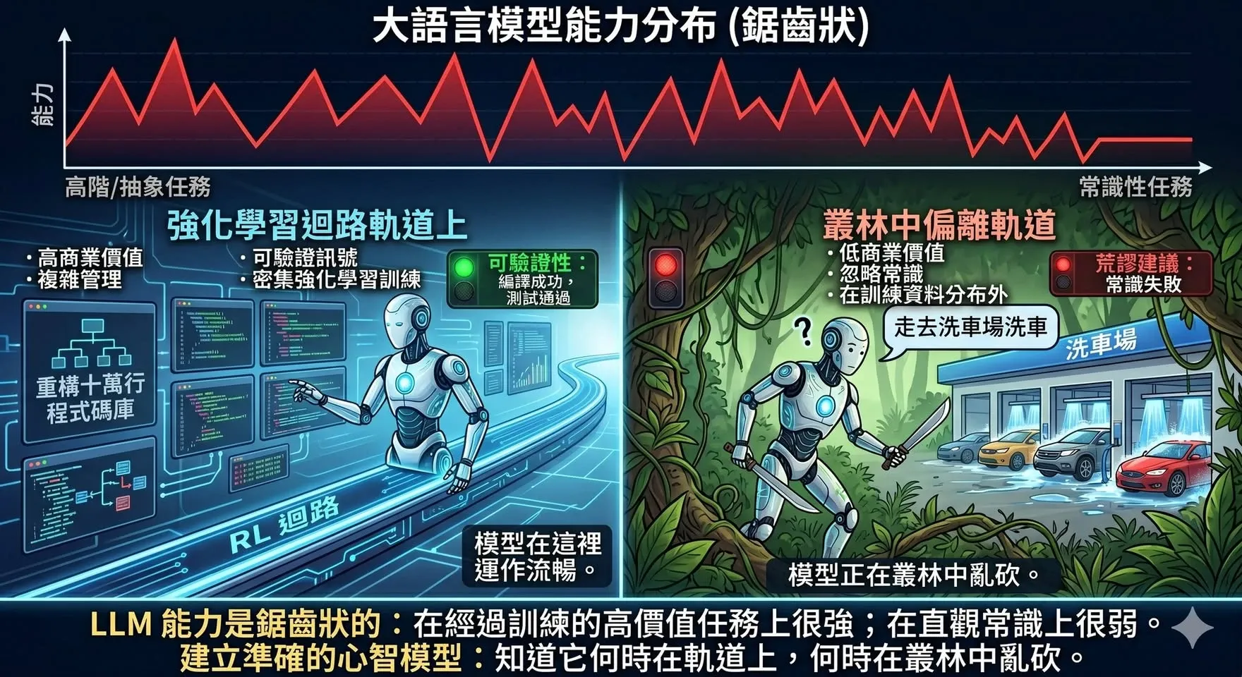鋸齒狀折線圖說明 LLM 的能力分布,左側機器人走在強化學習軌道上運作流暢,右側機器人在叢林中拿著開山刀亂砍