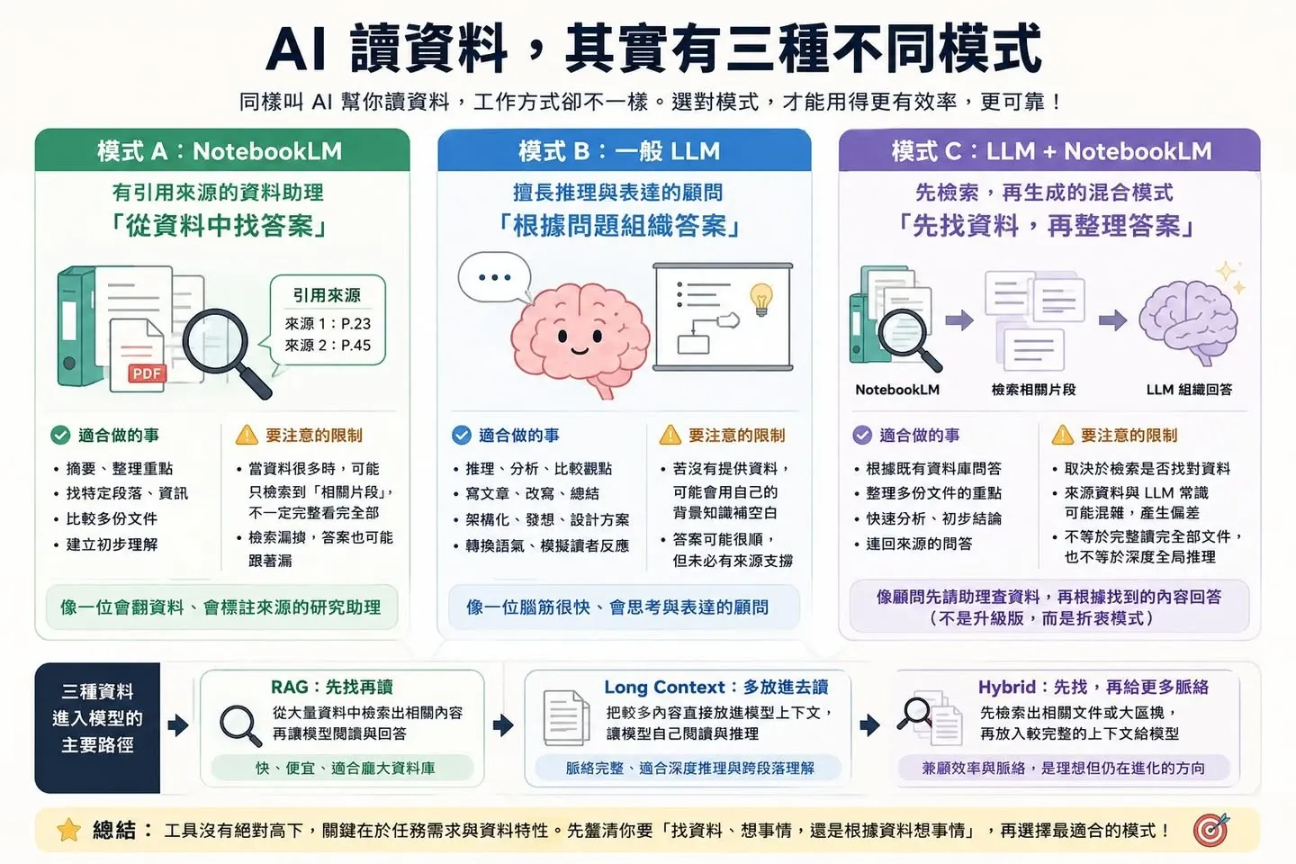 資訊圖比較 NotebookLM、一般 LLM、LLM 串接 NotebookLM 三種模式,以及 RAG、Long Context、Hybrid 的差異