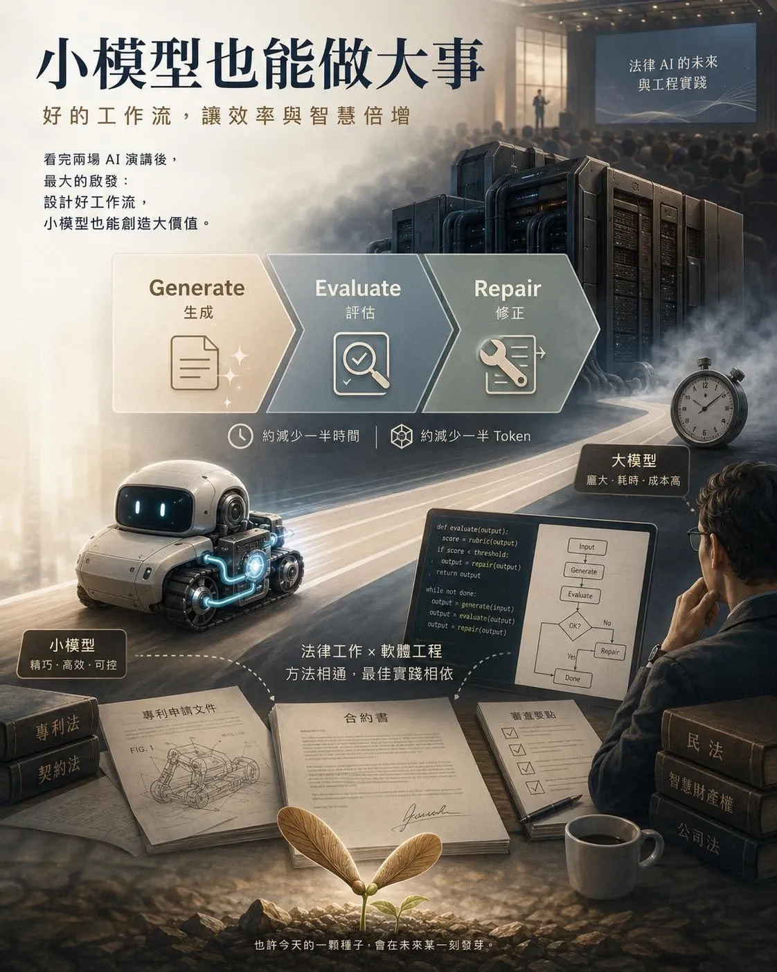 資訊圖說明「Generate、Evaluate、Repair」三段式工作流，一台小機器人在跑道上疾駛，象徵小模型透過好的工作流設計追上大模型