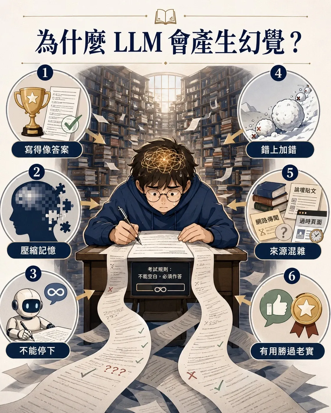 資訊圖以一名在書海中、被要求「不能空白必須作答」的學生，比喻 LLM 為何產生幻覺，並列出壓縮記憶、來源混雜等六項成因
