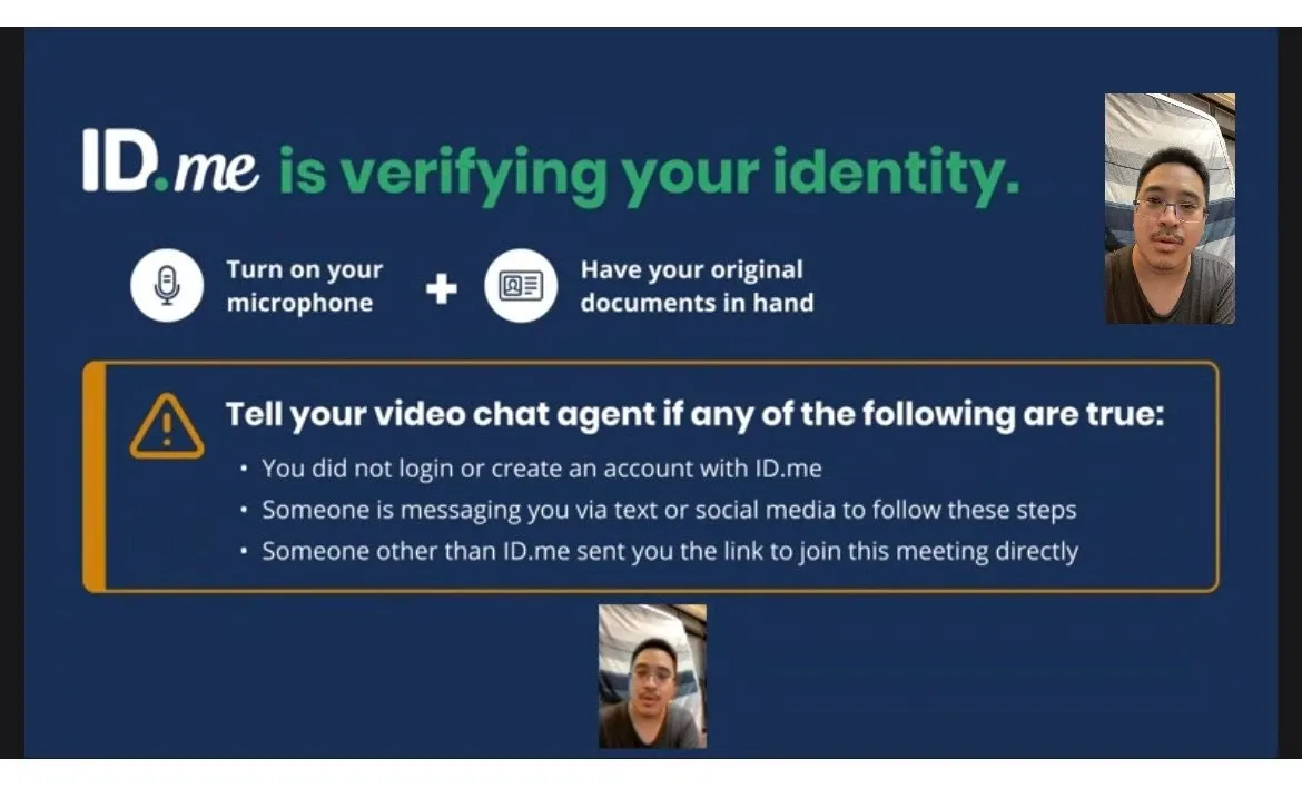 ID.me 視訊驗證進行中的畫面,上頭寫著「ID.me is verifying your identity」,並顯示作者本人的視訊鏡頭