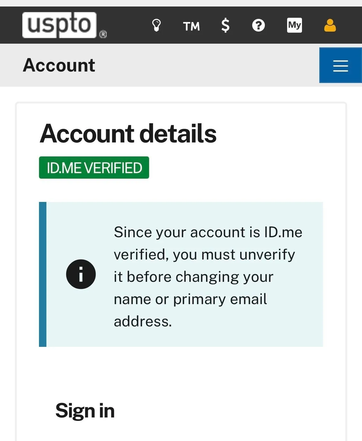 USPTO 帳號頁面,顯示綠色的「ID.ME VERIFIED」通過標記
