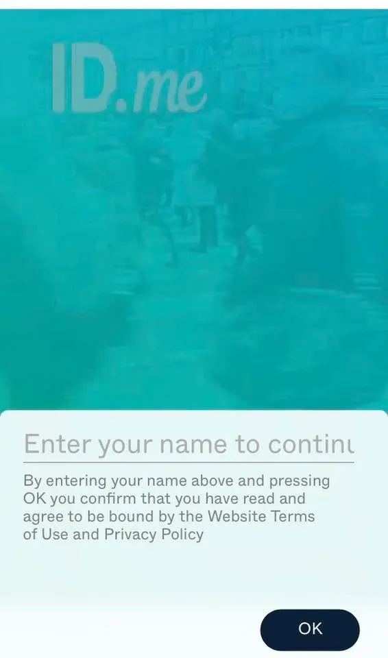 ID.me 驗證流程中,要求輸入姓名以繼續的畫面