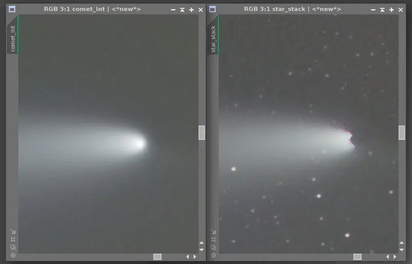 左為對齊彗核並去星後疊合、右為僅對齊星點疊合的對照