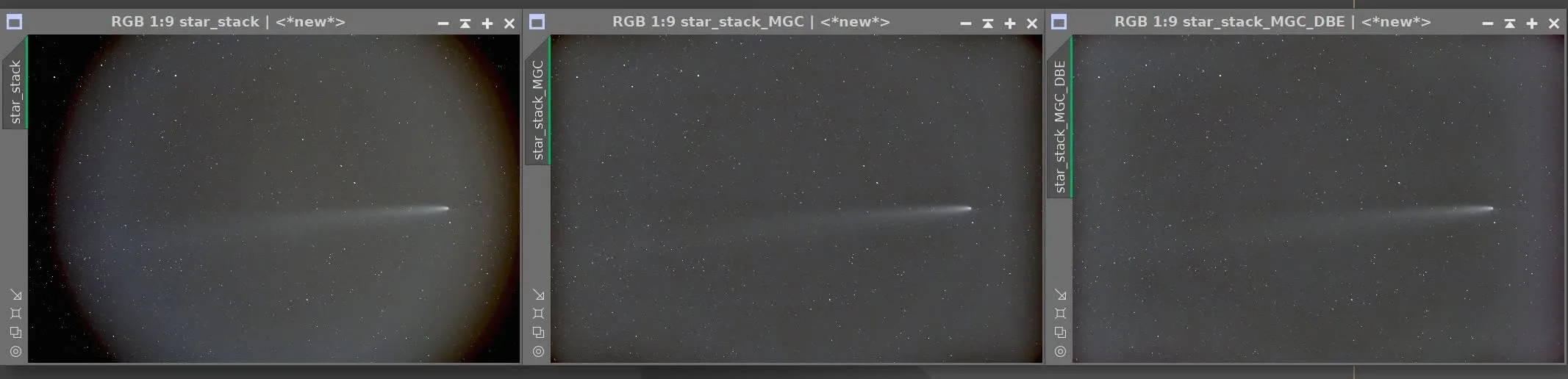 原圖、MGC、MGC+DBE 三階段的梯度消除對照