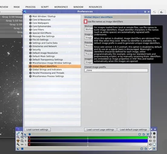 PixInsight Global Preferences 中 Use file names as image identifiers 選項的位置