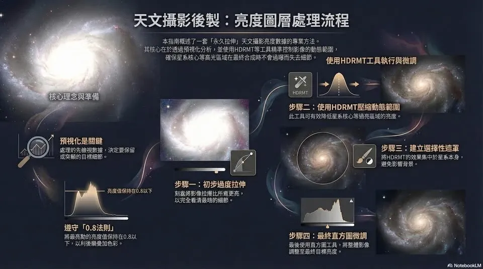 星系明度通道從預視化、初步拉伸、HDRMT、遮罩到直方圖微調的標準流程