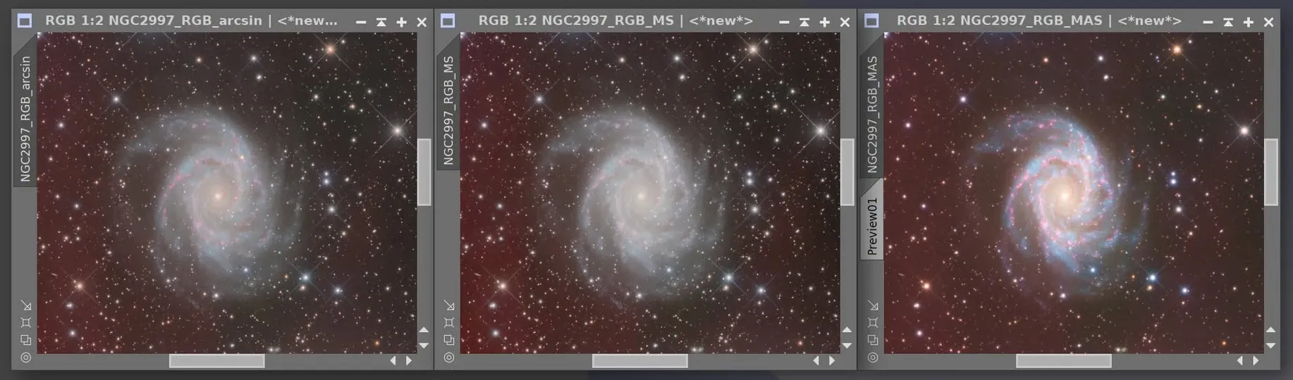 ArcSinh Stretch（左）、Masked Stretch（中）與 MAS（右）的 RGB 拉伸結果對照