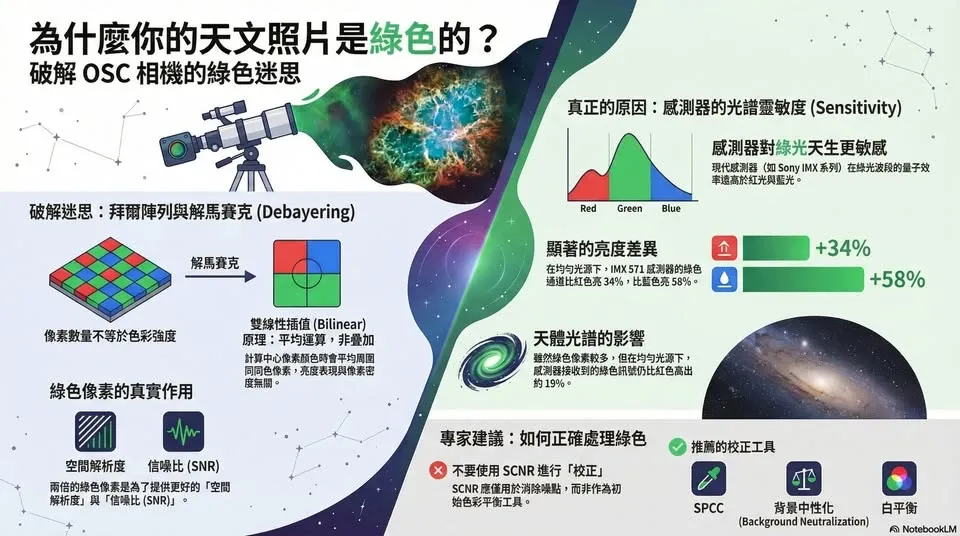感光元件光譜響應與 OSC 偏綠現象的說明圖