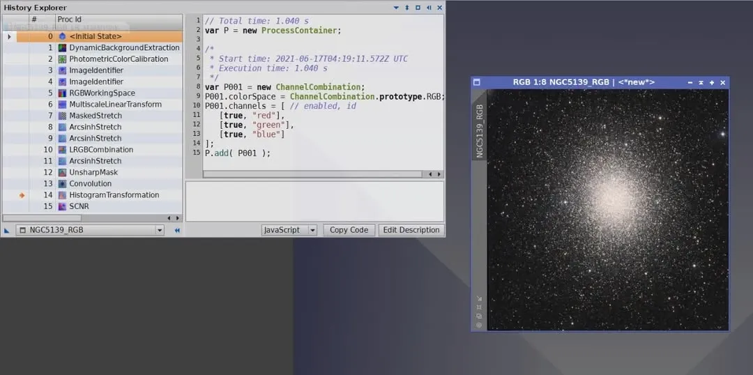 PixInsight 的 History Explorer 保留每張影像的完整處理歷程