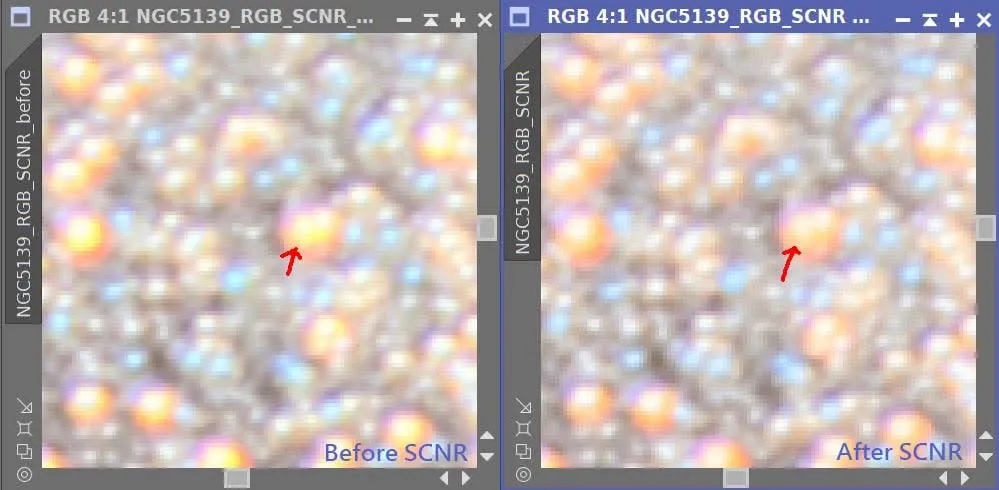SCNR 去綠後黃色星點中心受損的示意