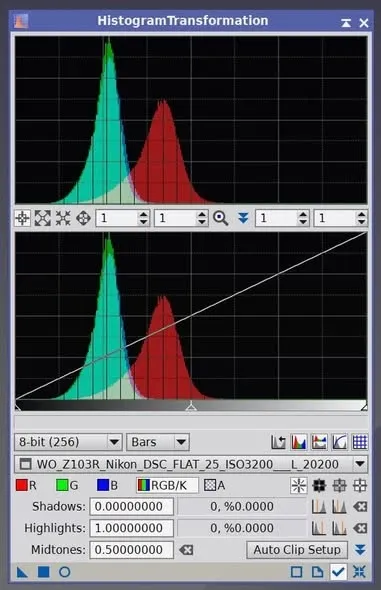 Nikon D810 平場在 PixInsight 中一片黑,需以直方圖調整白點