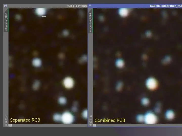 彩色影像 RGB 分離對齊到 G 前後對照：右為修正前、左為修正後