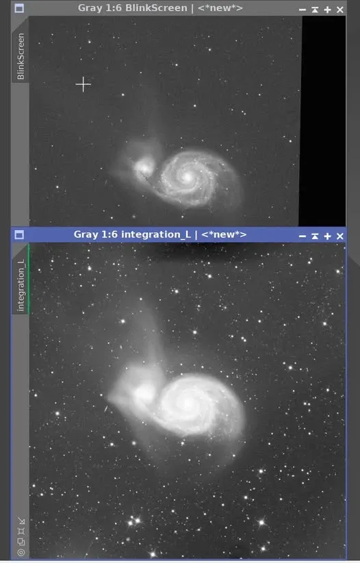 M51 兩組影像對齊後，B 組缺少的部分呈黑色；疊圖排異後接縫消失