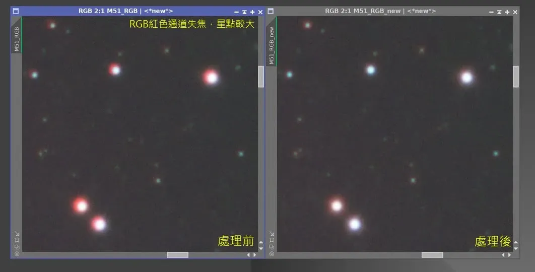 單色相機各通道星點大小不一，處理前後對照