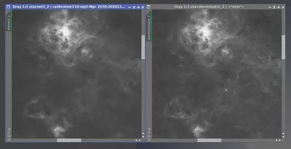 StarNet2 與 StarXTerminator 去星結果的局部放大對照