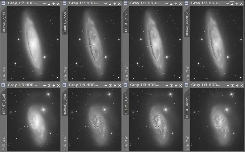 對星系核心分別以 Photoshop HDR Toning 與 PixInsight HDRMT 處理的對照