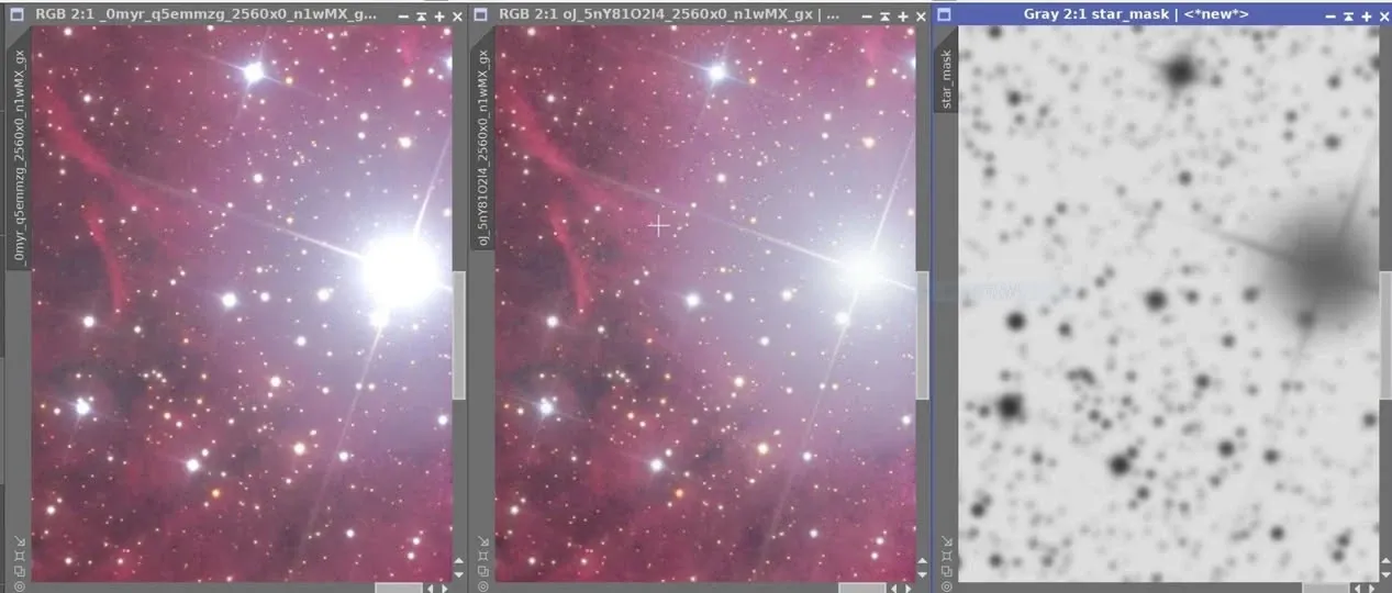 左為未使用遮罩、亮星爆掉;中為套用遮罩後的理想結果;右為使用的星點遮罩