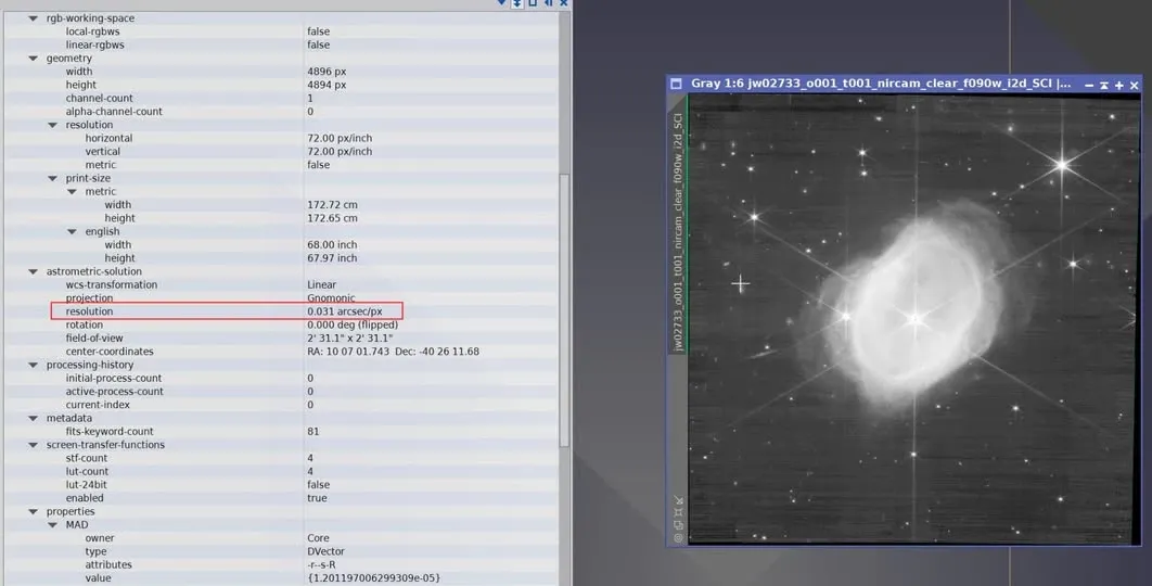 以 PixInsight 開啟影像並在 View Explorer 中檢視 FITS Header