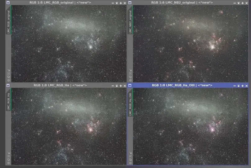 大麥哲倫星系以 RGB、雙峰、RGB+Ha、RGB+Ha+OIII 的強化對照