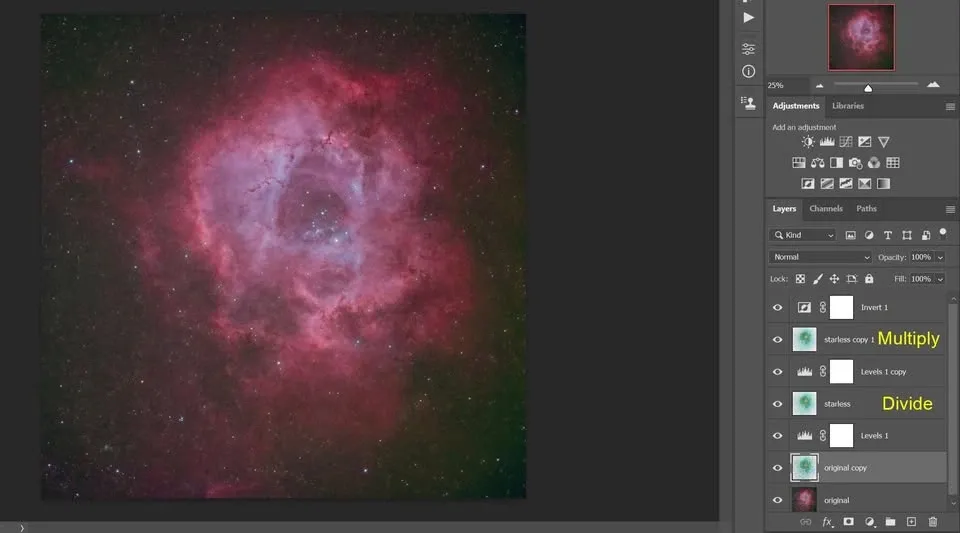 以 Photoshop 圖層重現 PixelMath 縮星，並標註各圖層混合模式