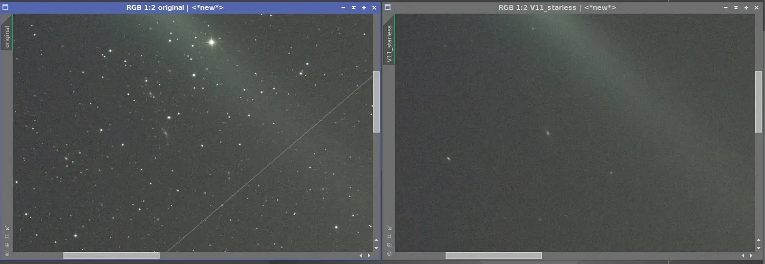 StarXTerminator 2 保留背景小星系，而 StarNet2 可能將其誤除