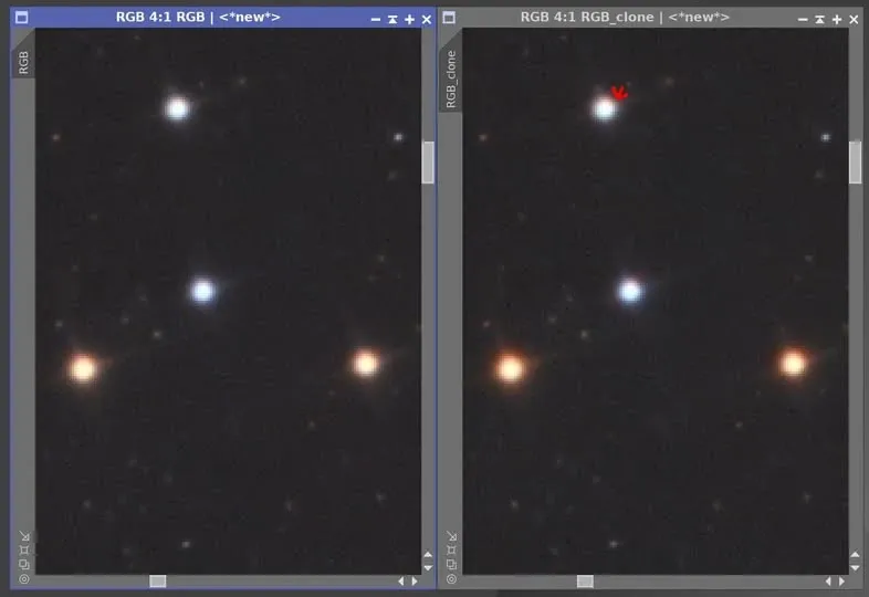 BXT 施做策略對照：只對 L 通道做會造成 RGB 星點顏色逸出，L 與 RGB 同時做則正常