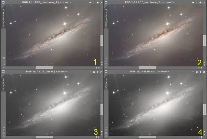 同一份 L 與 RGB 在四種不同結合流程下的顏色差異對照(NGC 1055)