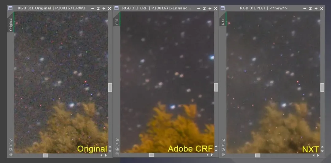 DSLR 星空原始檔套用 CRF Denoise 與 NXT 在 hot pixel 處理上的差異