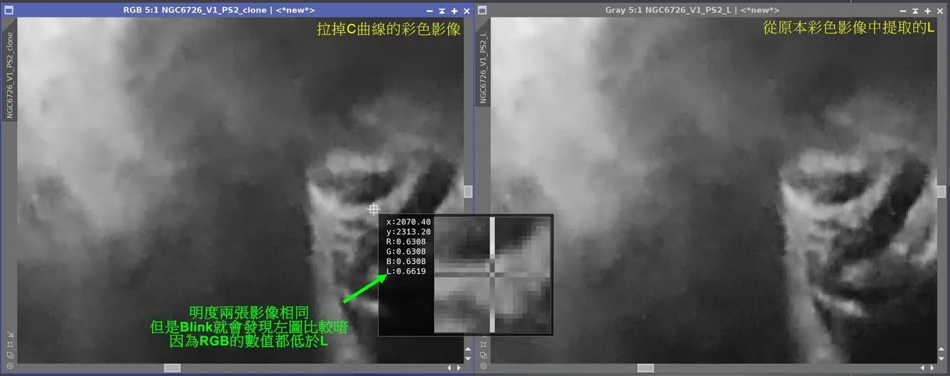 明度影像(左)與拉掉飽和度後的影像(右)在相同 RGBWS 下的亮度差異