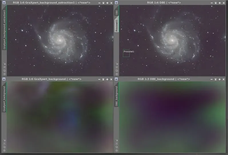 GraXpert AI 與 DBE 背景模型的直接對比(M101)